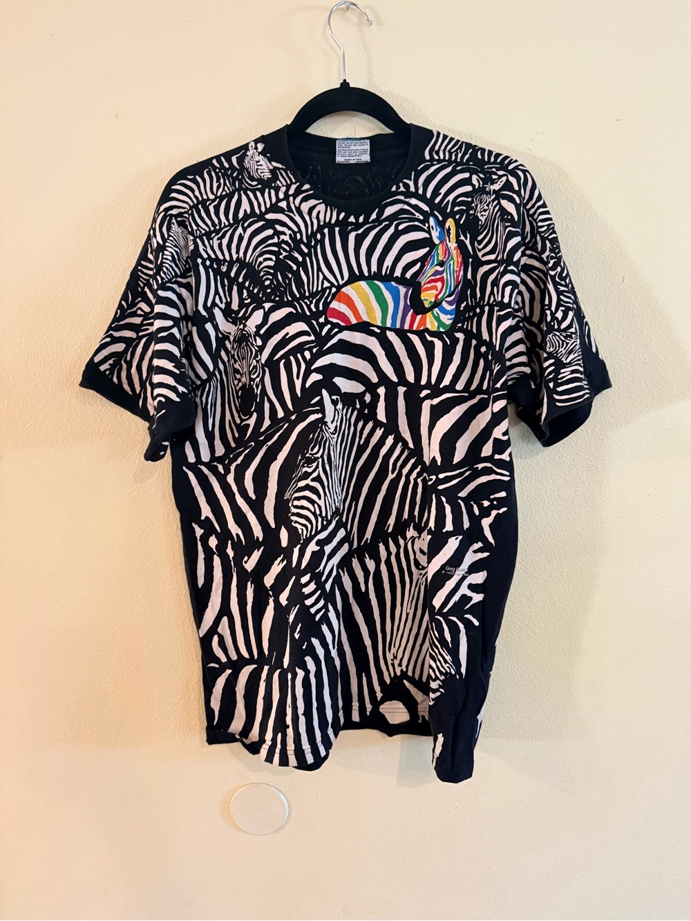 Liquid Blue Black & White Zebra Print Short Sleeve Tee with Rainbow Vintage L